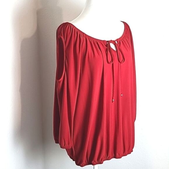 Notations Red Cold-Shoulder Blouse with Elastic Waistband, Size 1X - Picture 2 of 9